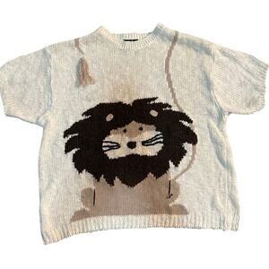 Vintage Y2K Lion Knit Sweater Short Sleeve Cream Tan Animal Pullover Whimsical M
